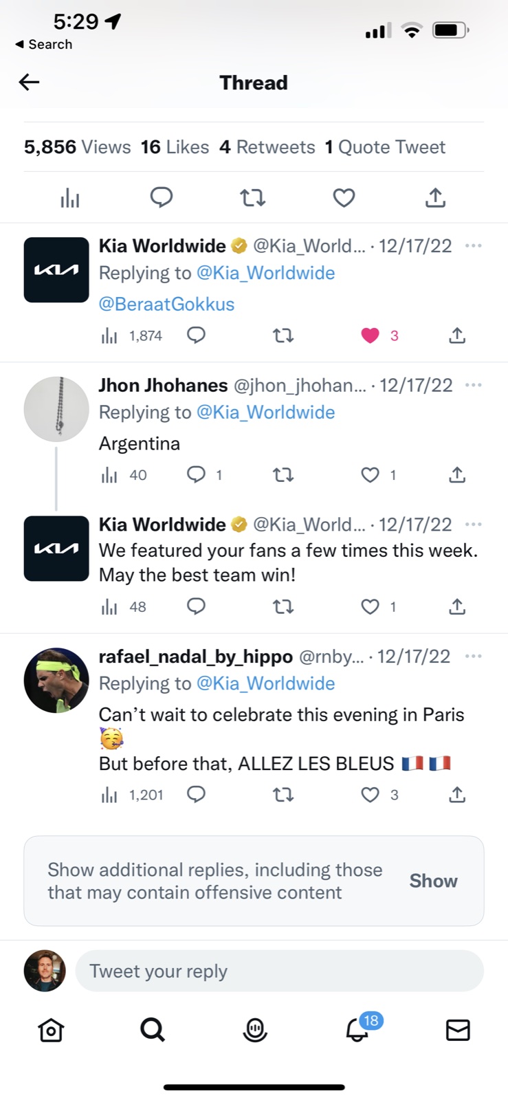 Kia social conversation inviting a supporter to appear in a fan mashup